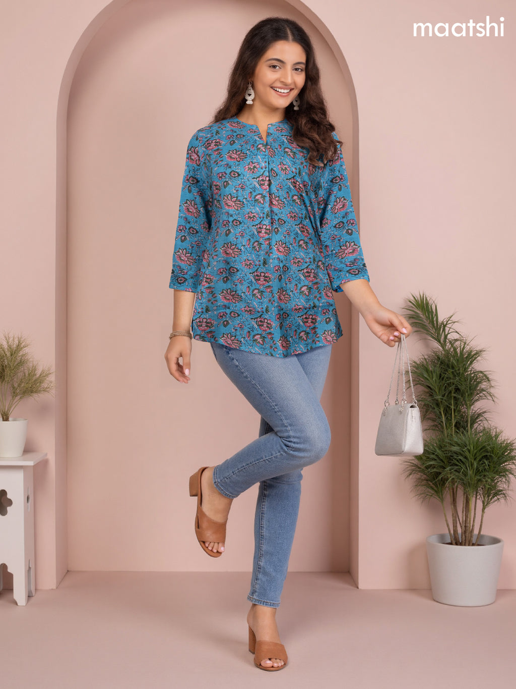 Rayon readymade short kurti blue and pink green with allover floral prints & simple neck pattern without pant
