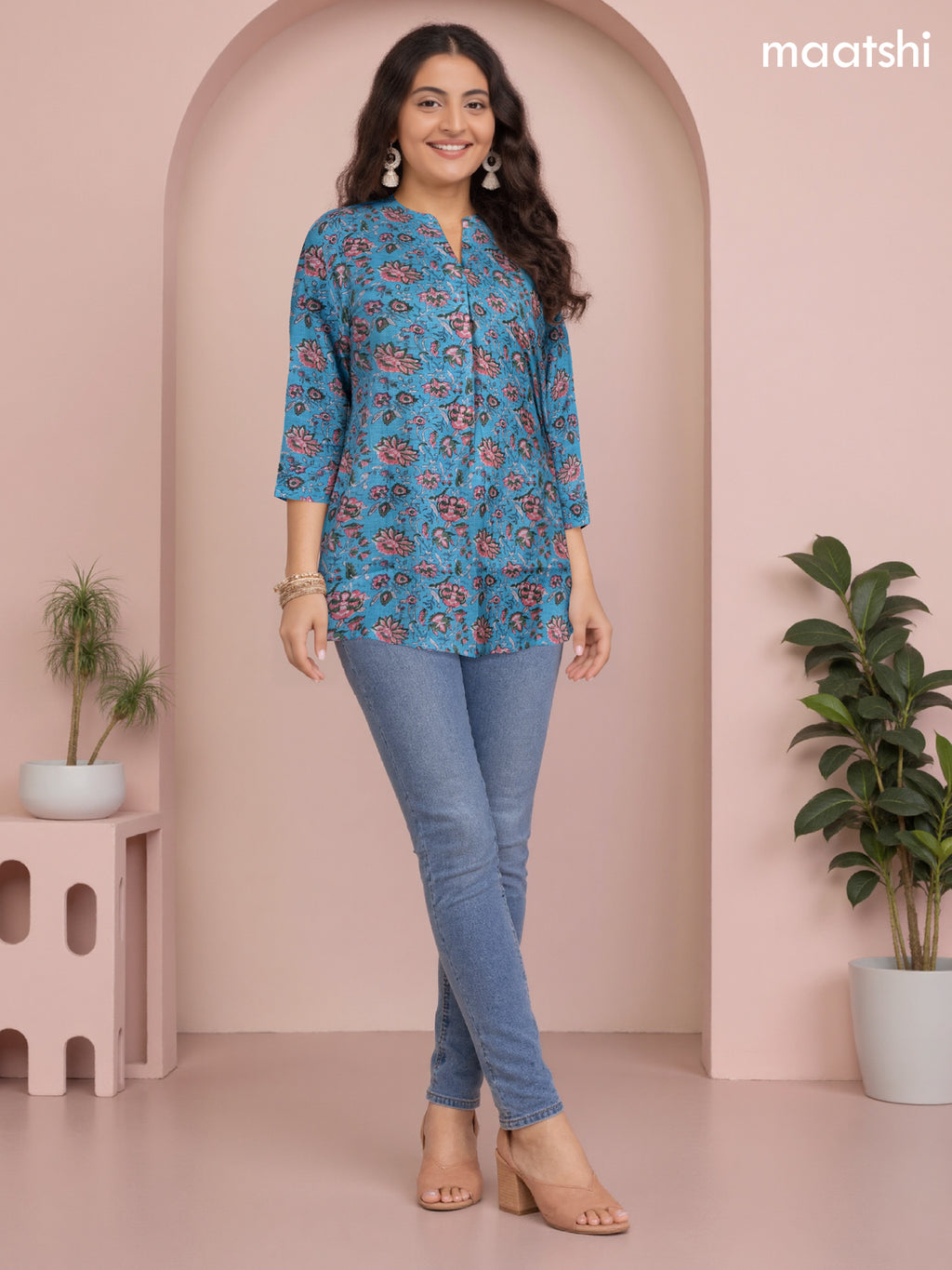 Rayon readymade short kurti blue and pink green with allover floral prints & simple neck pattern without pant