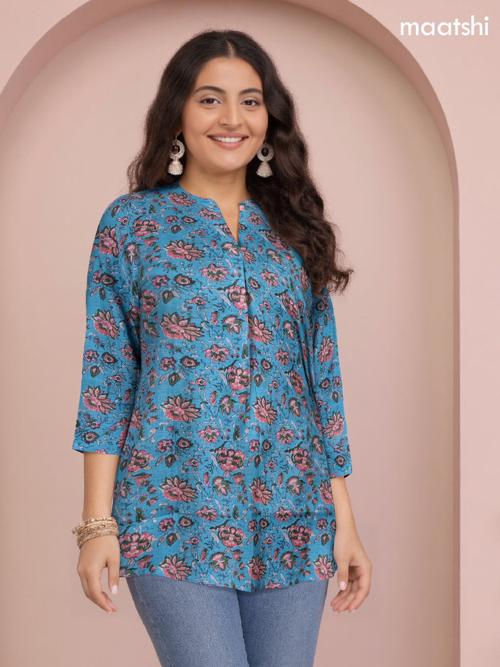 Rayon readymade short kurti blue and pink green with allover floral prints & simple neck pattern without pant