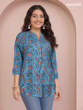 Rayon readymade short kurti blue and pink green with allover floral prints & simple neck pattern without pant