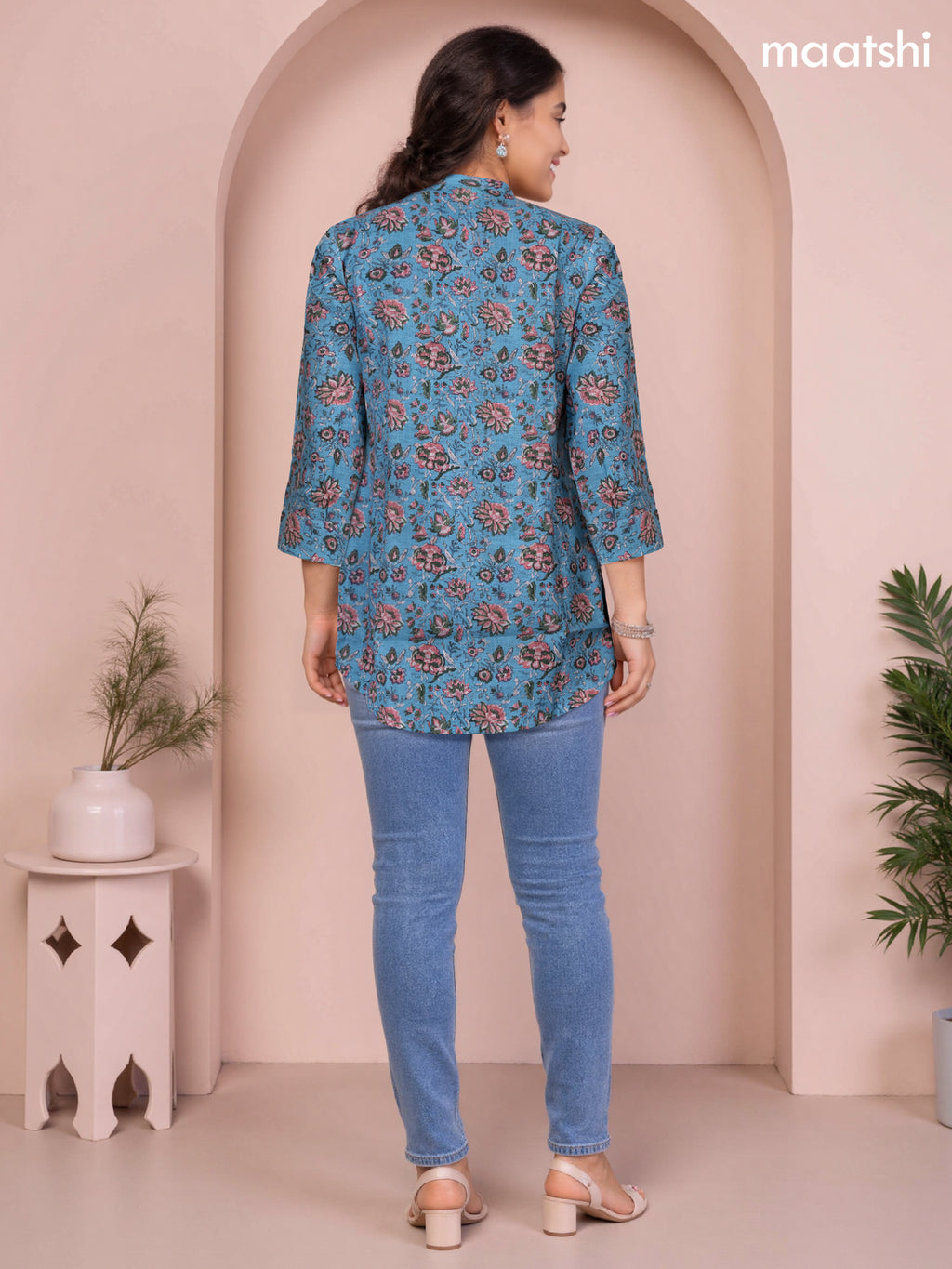 Rayon readymade short kurti blue and pink green with allover floral prints & simple neck pattern without pant