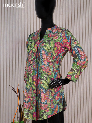 Rayon readymade short kurti elephant grey and multi colour with allover floral prints & simple neck pattern without pant