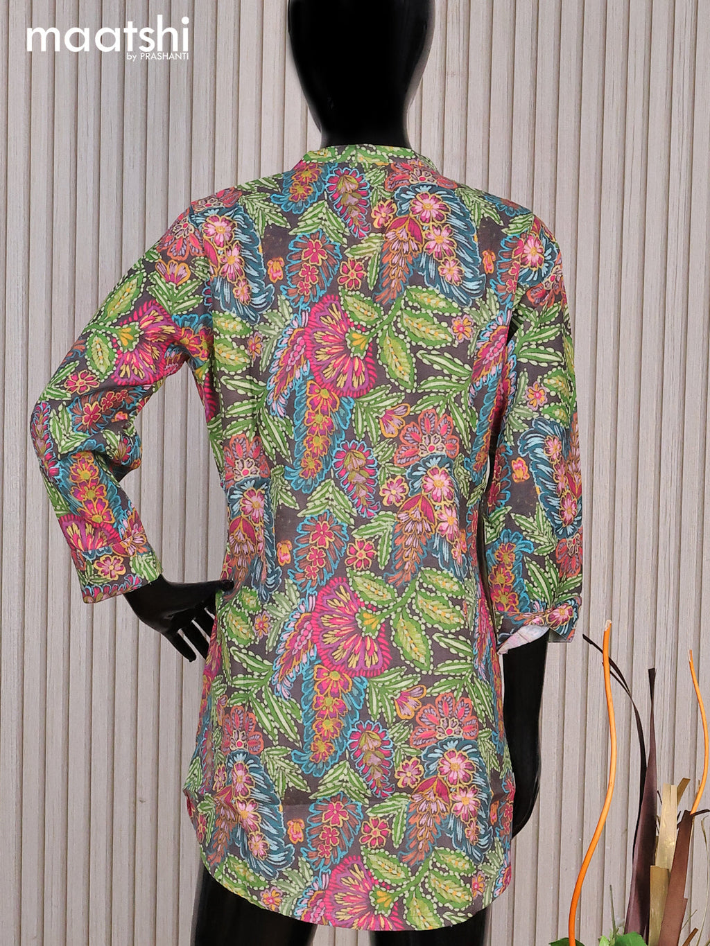 Rayon readymade short kurti elephant grey and multi colour with allover floral prints & simple neck pattern without pant