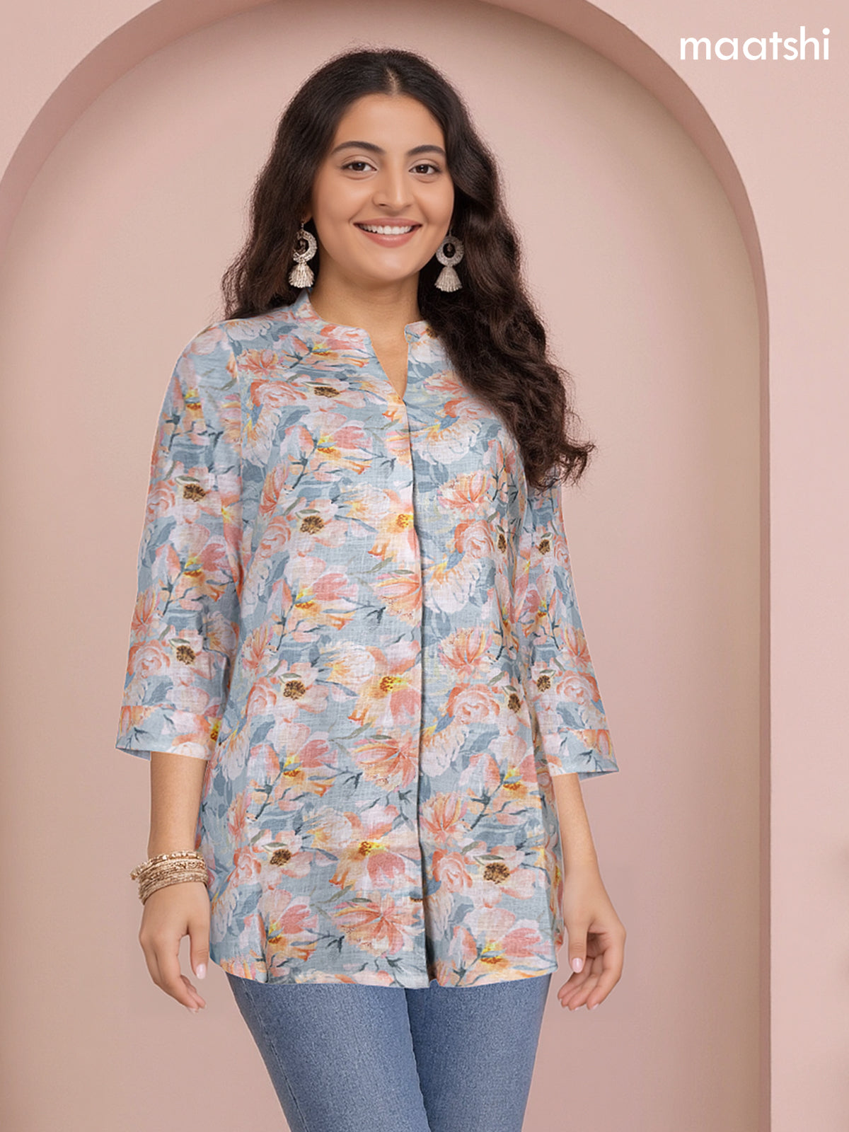 Rayon readymade short kurti pastel shade of grey and peach orange with allover floral prints & simple neck pattern without pant