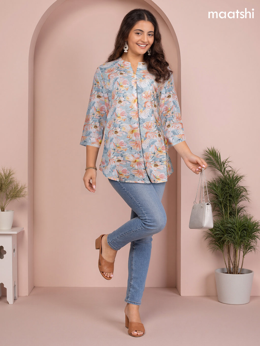 Rayon readymade short kurti pastel shade of grey and peach orange with allover floral prints & simple neck pattern without pant