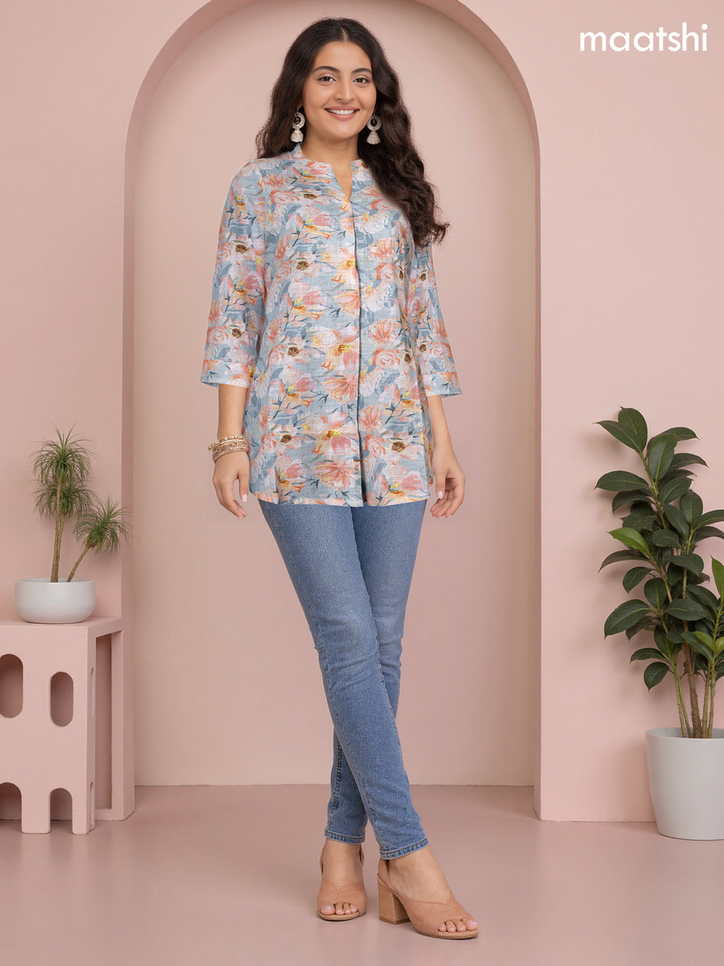 Rayon readymade short kurti pastel shade of grey and peach orange with allover floral prints & simple neck pattern without pant