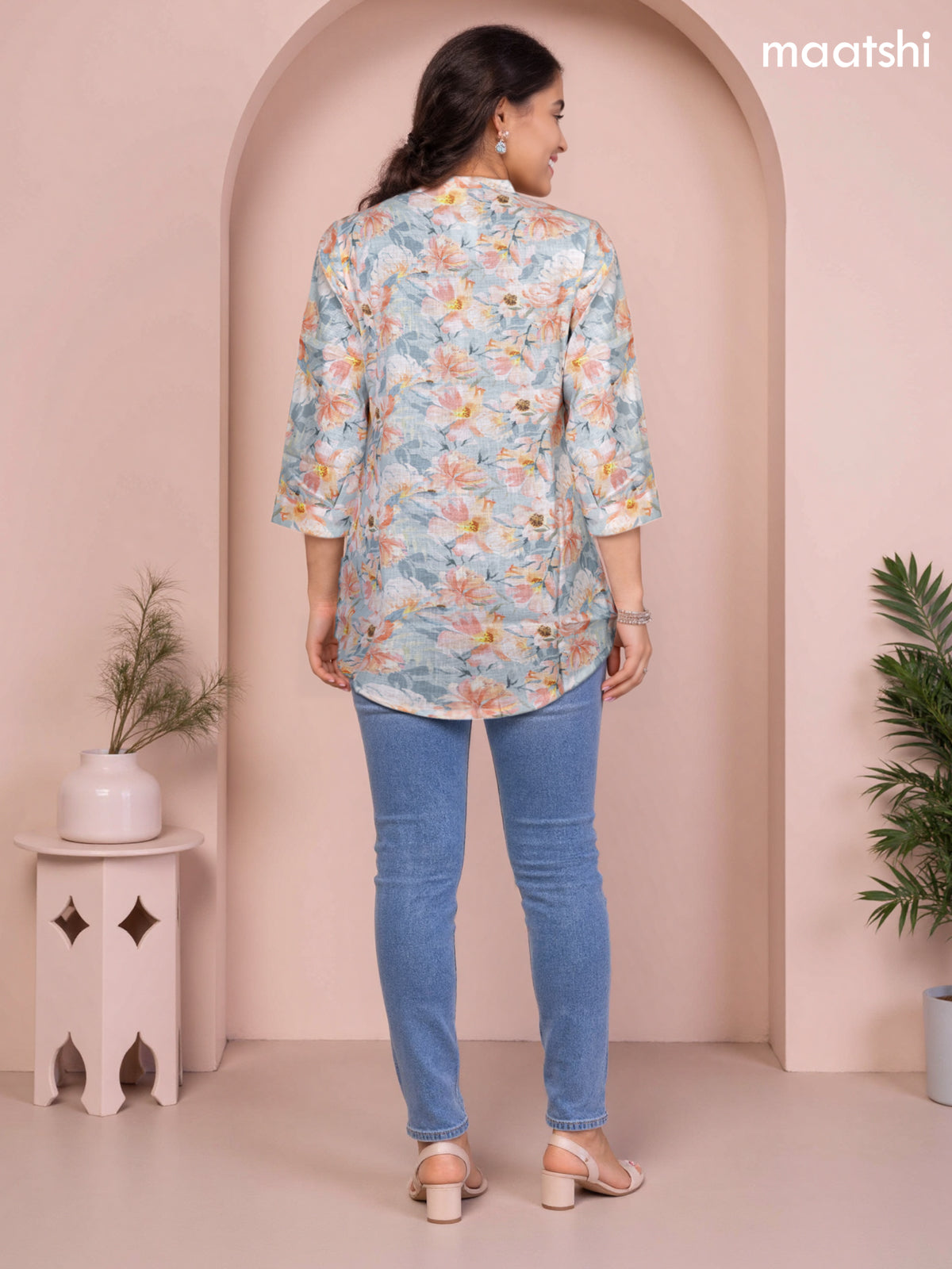 Rayon readymade short kurti pastel shade of grey and peach orange with allover floral prints & simple neck pattern without pant