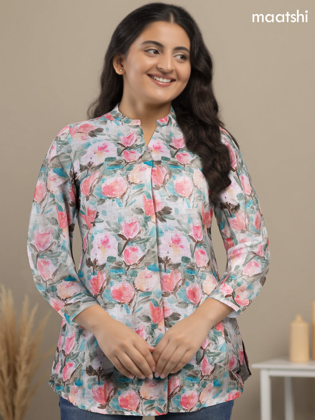Rayon readymade short kurti multi colour with allover floral prints & simple neck pattern without pant