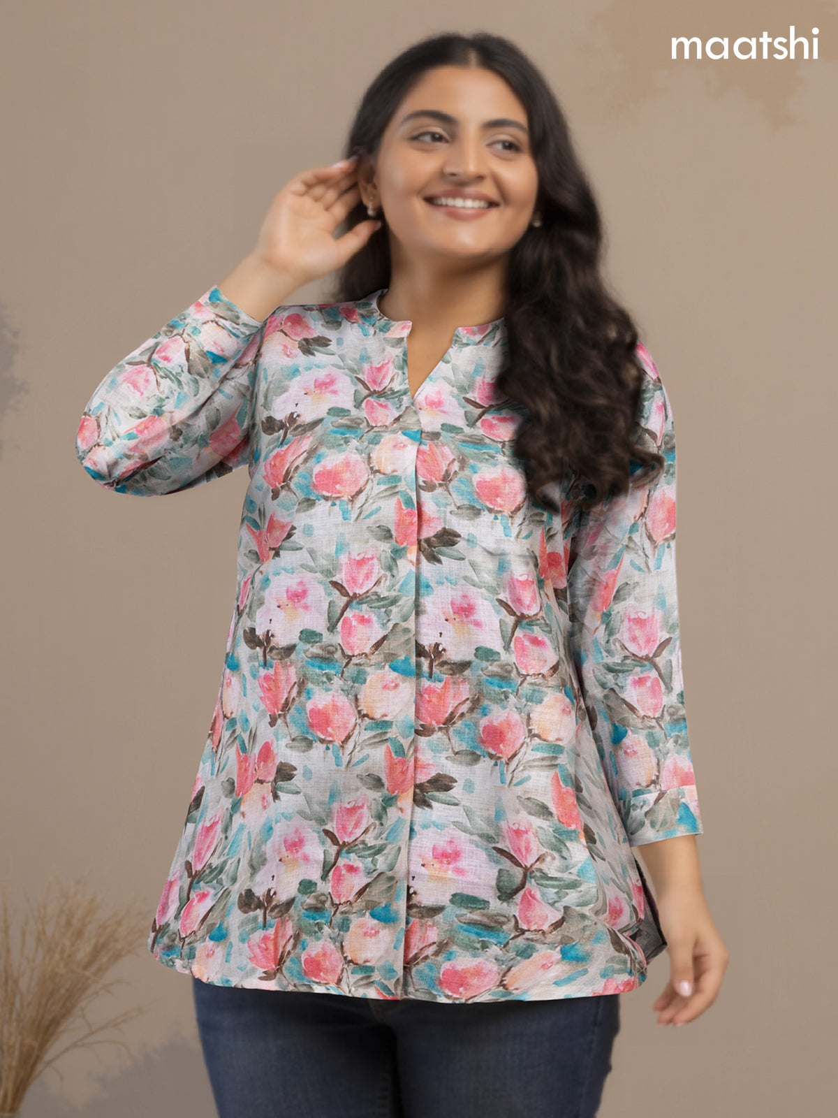 Rayon readymade short kurti multi colour with allover floral prints & simple neck pattern without pant