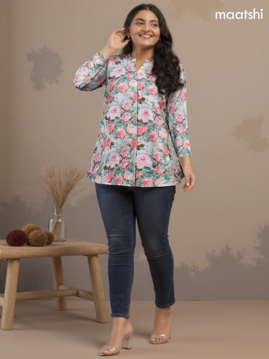 Rayon readymade short kurti multi colour with allover floral prints & simple neck pattern without pant