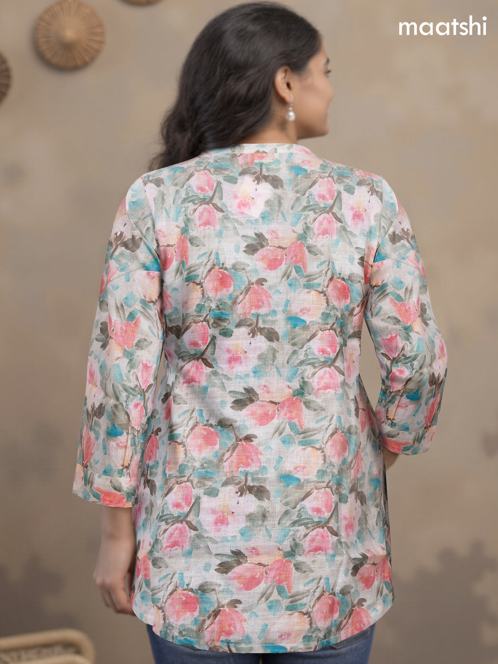 Rayon readymade short kurti multi colour with allover floral prints & simple neck pattern without pant