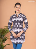 Cotton readymade short kurti black and beige with allover ikat peints & simple neck pattern without pant