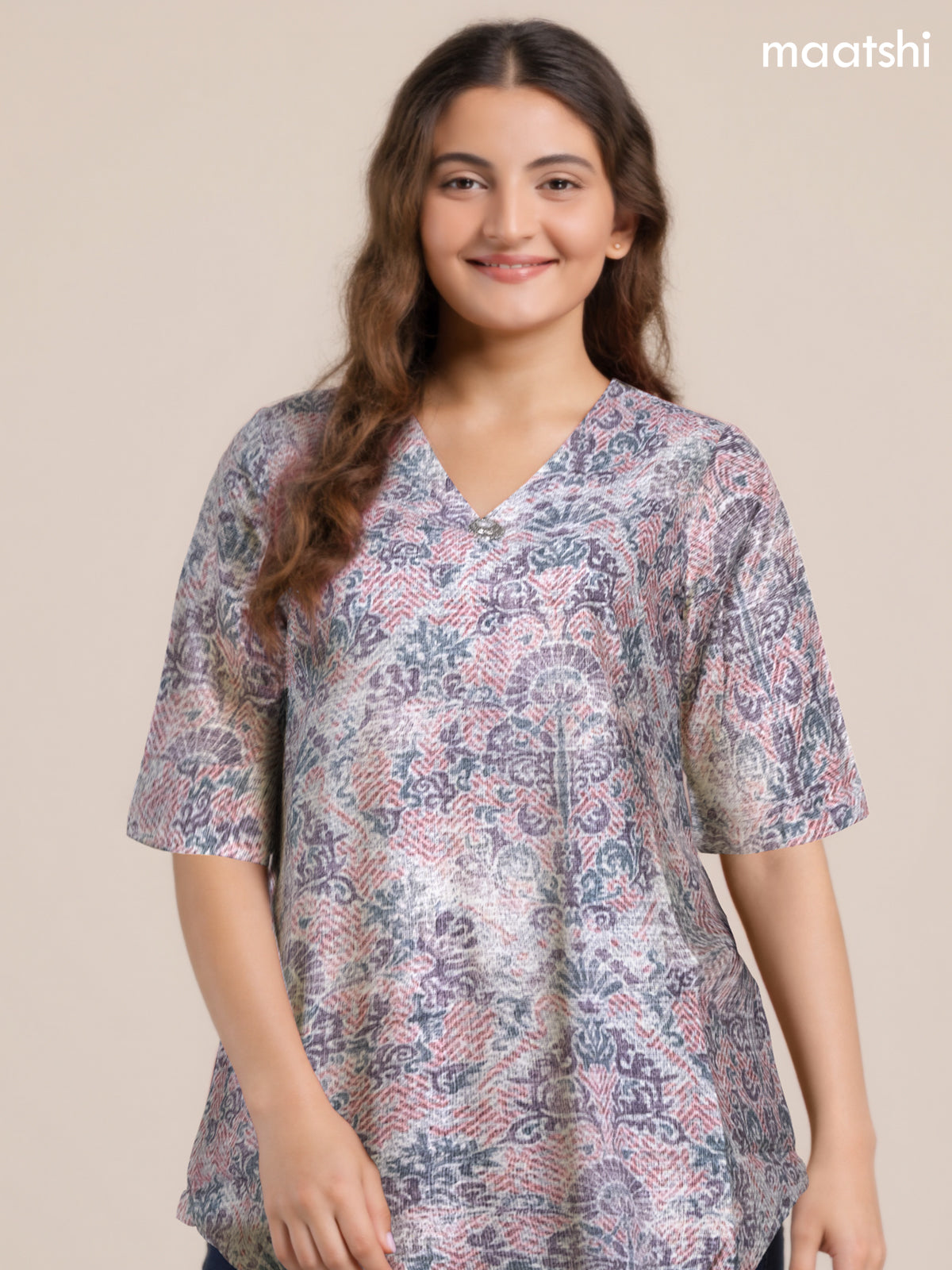 Rayon readymade short kurti off white and multi colour with allover prints & simple neck v pattern without pant