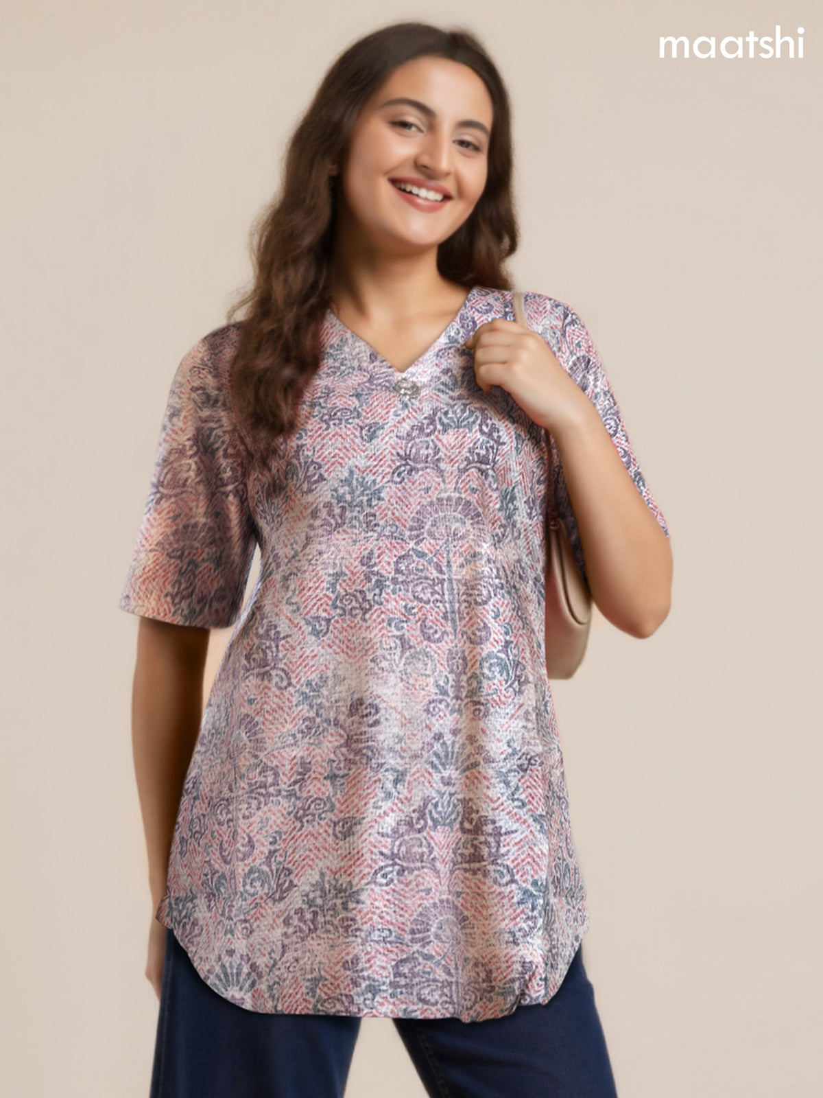 Rayon readymade short kurti off white and multi colour with allover prints & simple neck v pattern without pant