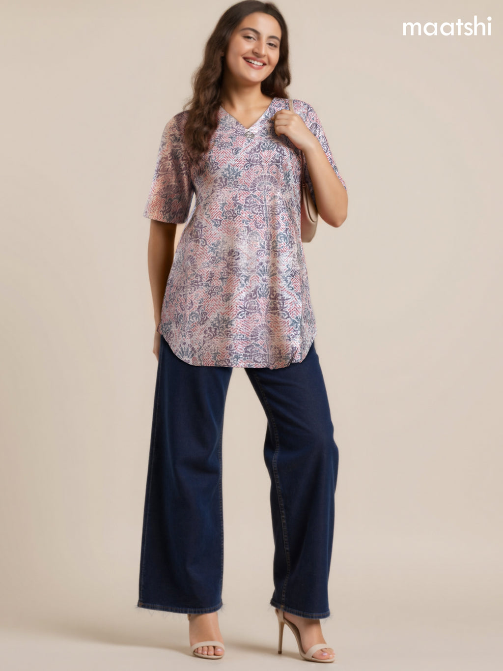 Rayon readymade short kurti off white and multi colour with allover prints & simple neck v pattern without pant