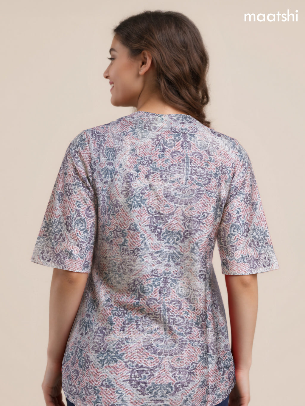 Rayon readymade short kurti off white and multi colour with allover prints & simple neck v pattern without pant