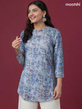 Rayon readymade short kurti pastel blue with allover prints & simple neck pattern without pant