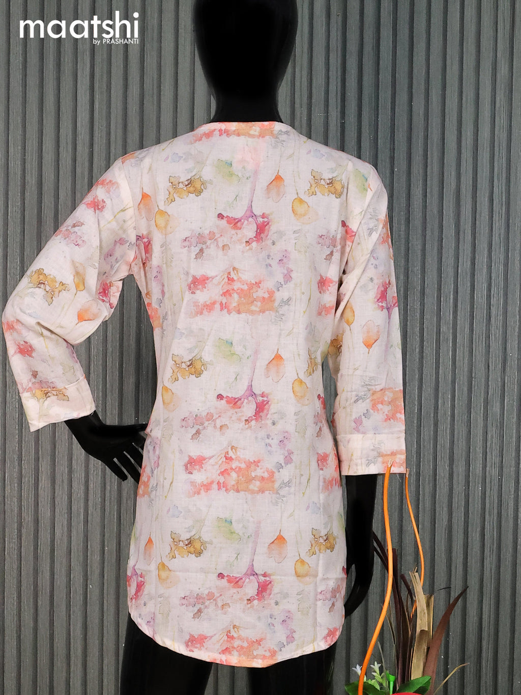 Cotton readymade short kurti cream and multi colour with allover prints & simple neck pattern without pant