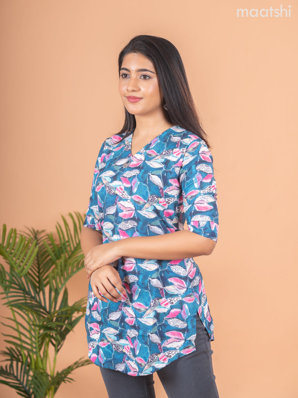 Cotton readymade short kurti peacock blue and multi colour with allover prints & simple neck v pattern without pant