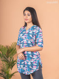 Cotton readymade short kurti peacock blue and multi colour with allover prints & simple neck v pattern without pant