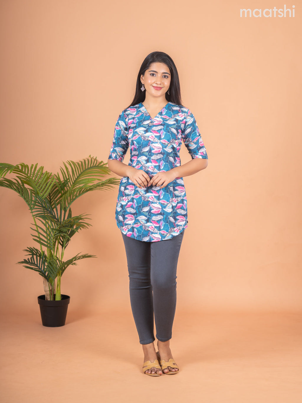 Cotton readymade short kurti peacock blue and multi colour with allover prints & simple neck v pattern without pant