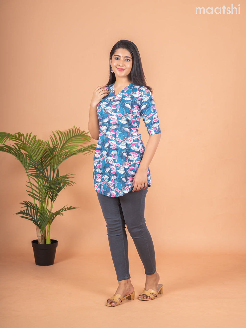 Cotton readymade short kurti peacock blue and multi colour with allover prints & simple neck v pattern without pant