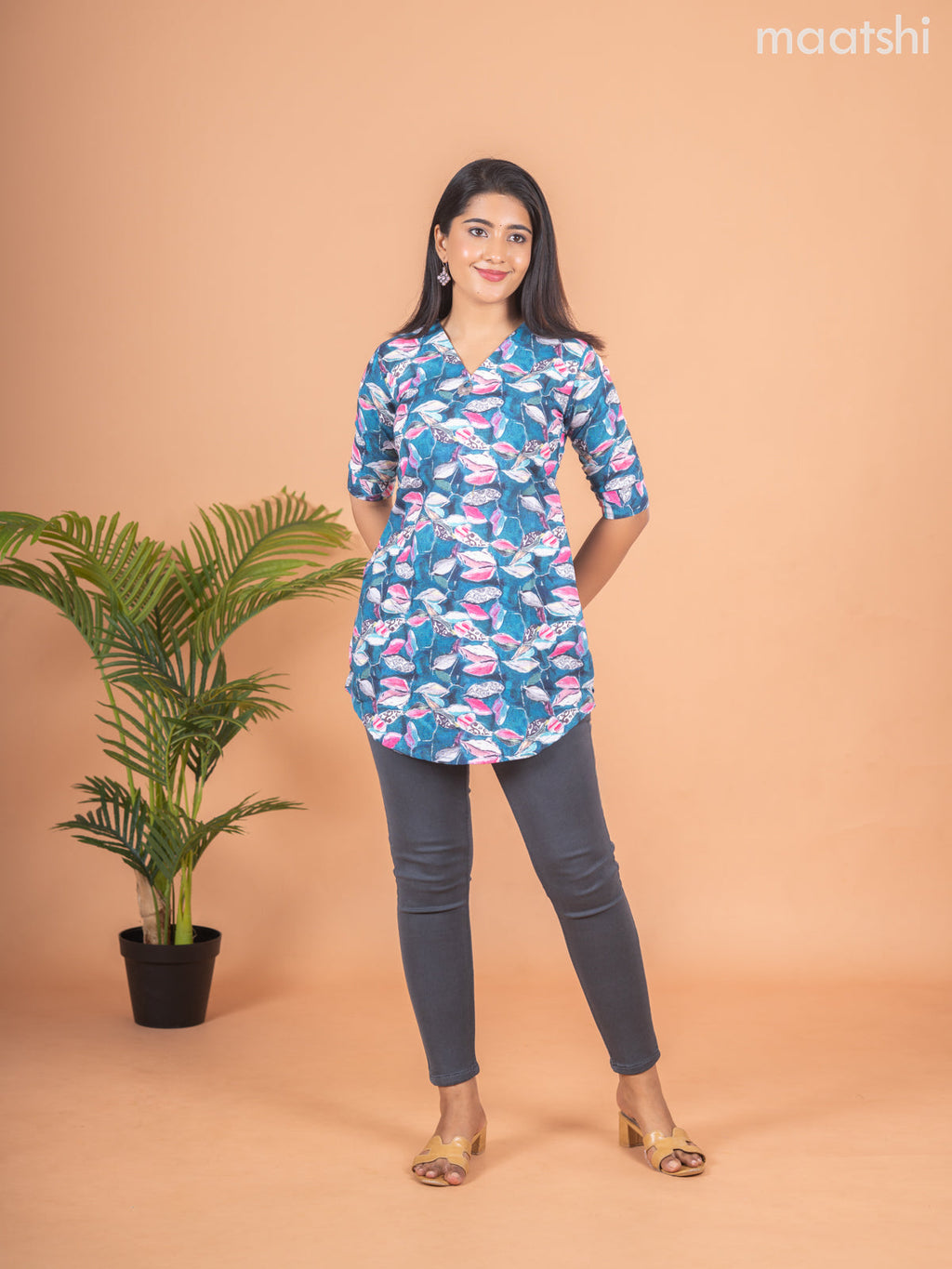 Cotton readymade short kurti peacock blue and multi colour with allover prints & simple neck v pattern without pant