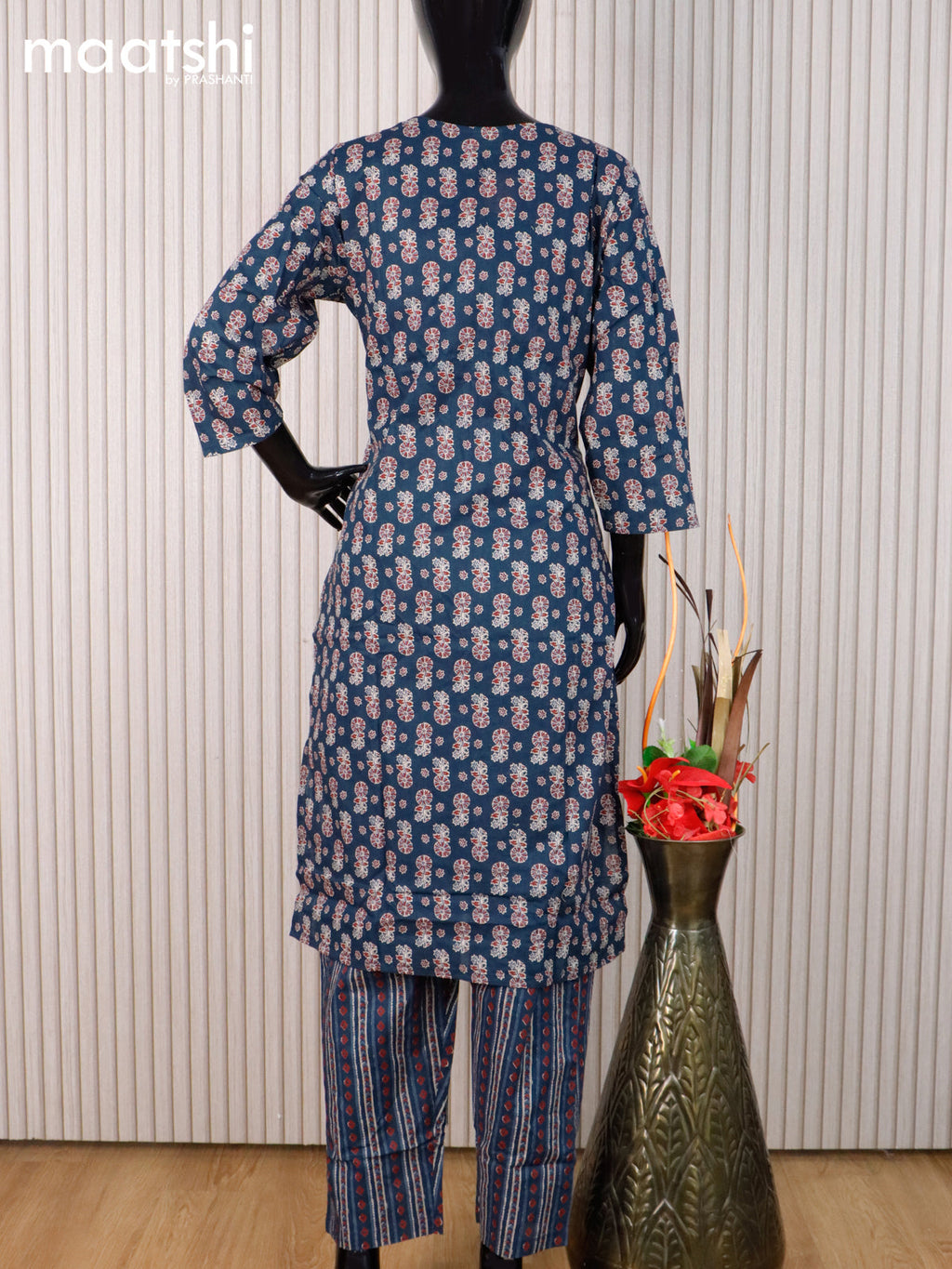 Cotton readymade kurti set peacock blue with allover floral butta prints & simple neck pattern and straight cut pant