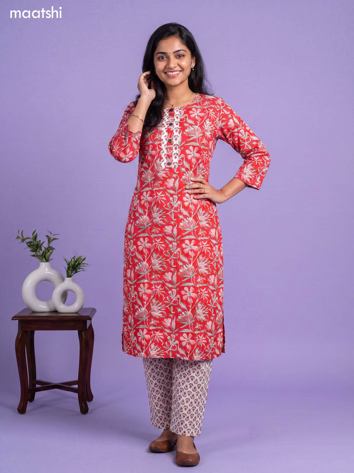 Cotton readymade kurti set red and off white with allover floral prints & simple neck pattern and straight cut pant