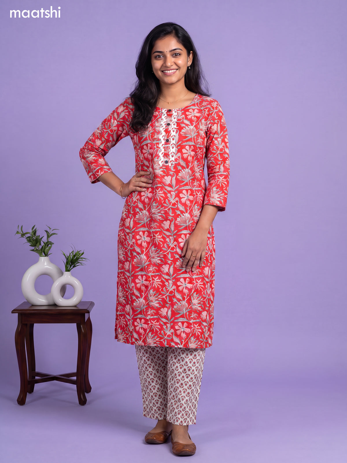 Cotton readymade kurti set red and off white with allover floral prints & simple neck pattern and straight cut pant