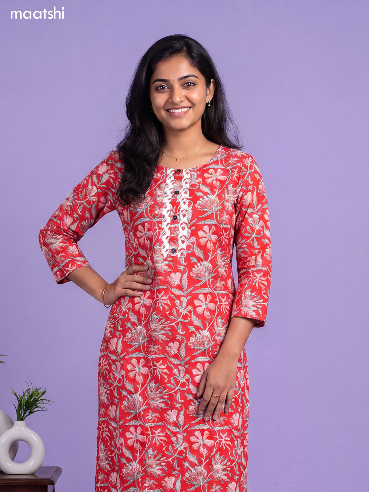 Cotton readymade kurti set red and off white with allover floral prints & simple neck pattern and straight cut pant