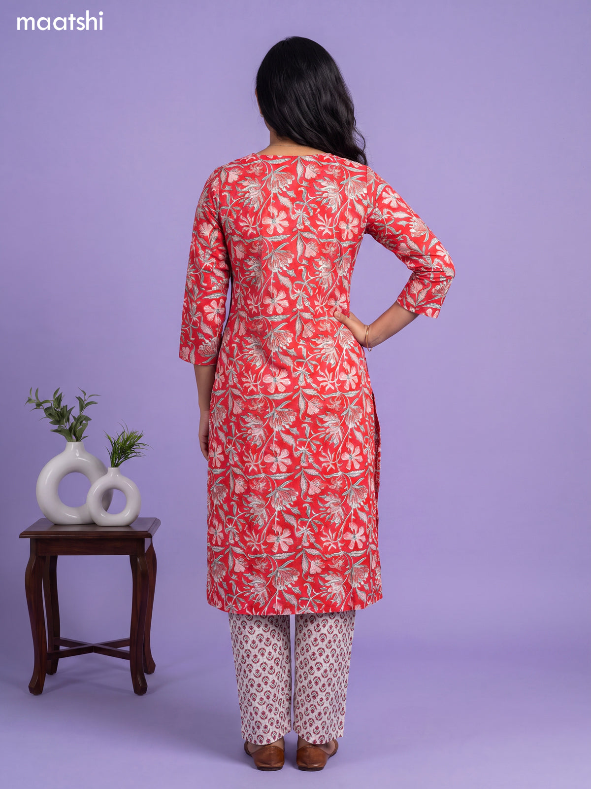 Cotton readymade kurti set red and off white with allover floral prints & simple neck pattern and straight cut pant