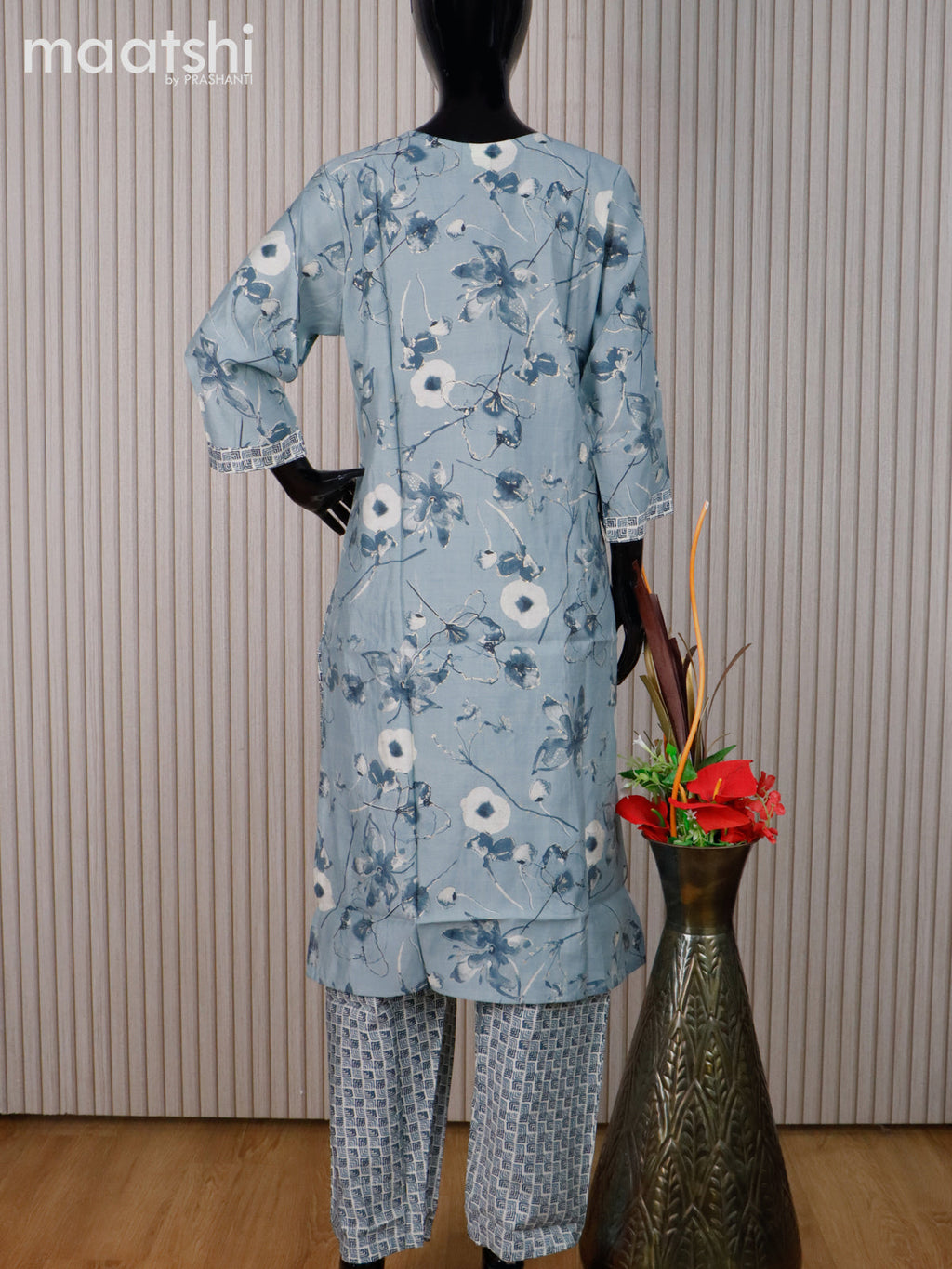 Muslin readymade kurti set grey and off white with allover floral prints & simple neck pattern and straight cut pant