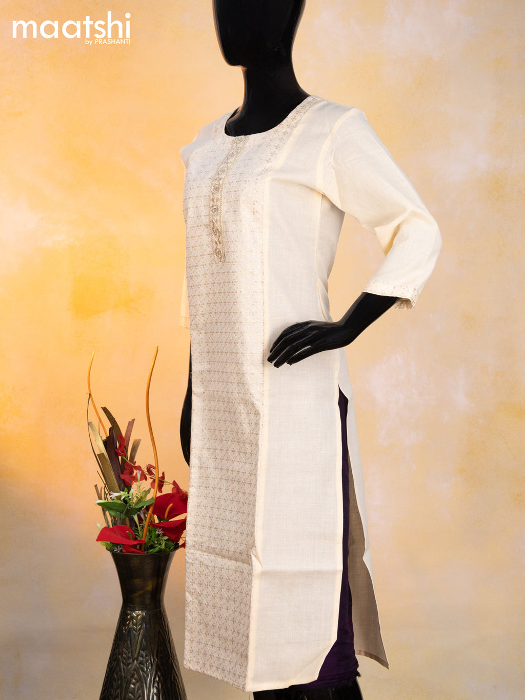 Cotton readymade kurti cream with allover embroidery sequin work & patch work neck pattern without pant