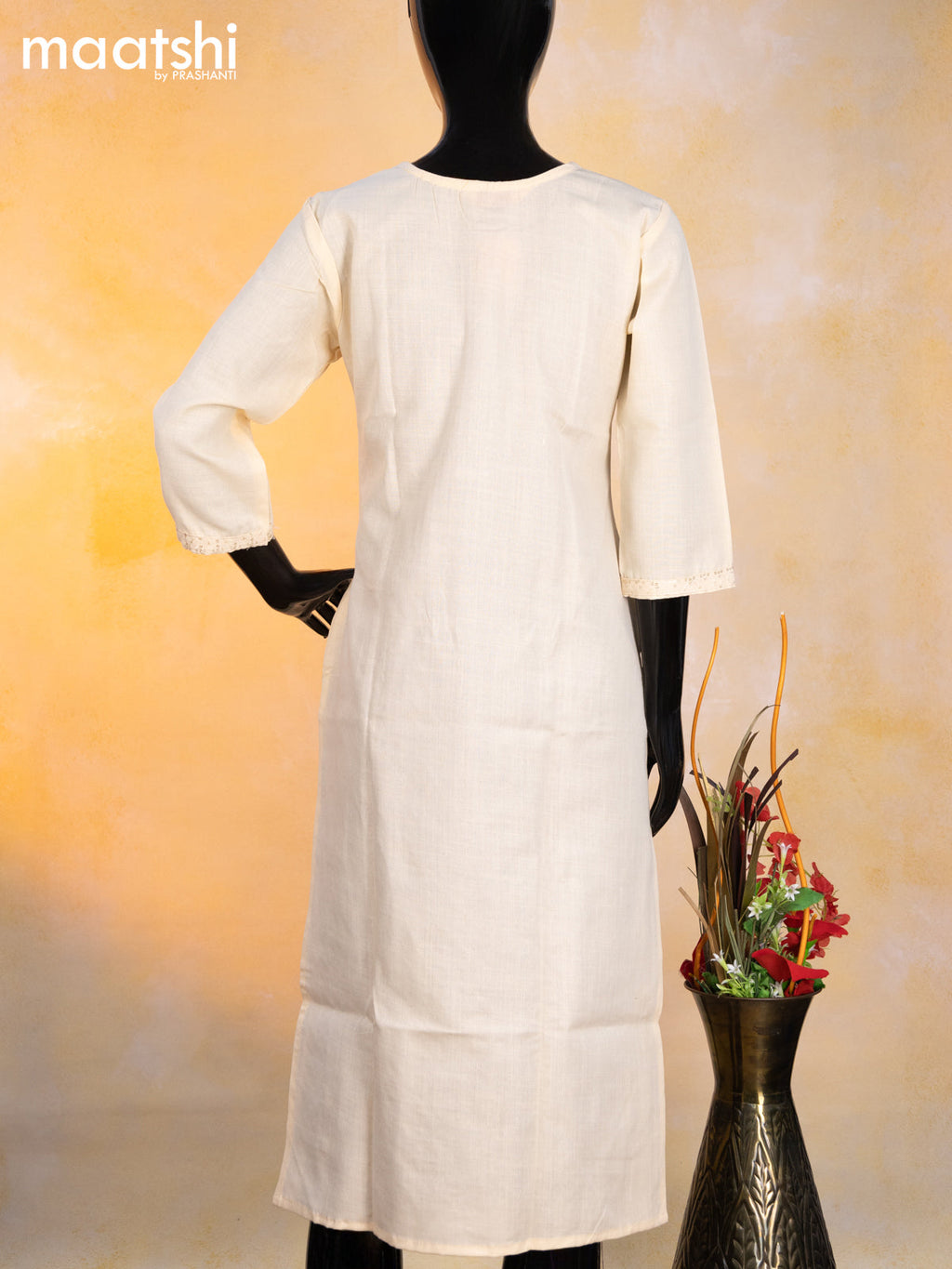 Cotton readymade kurti cream with allover embroidery sequin work & patch work neck pattern without pant