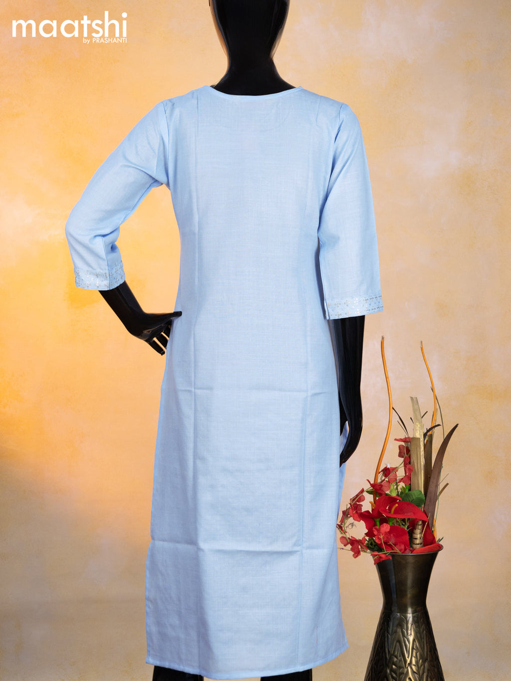 Cotton readymade kurti light blue shade with allover embroidery sequin work & patch work neck pattern without pant