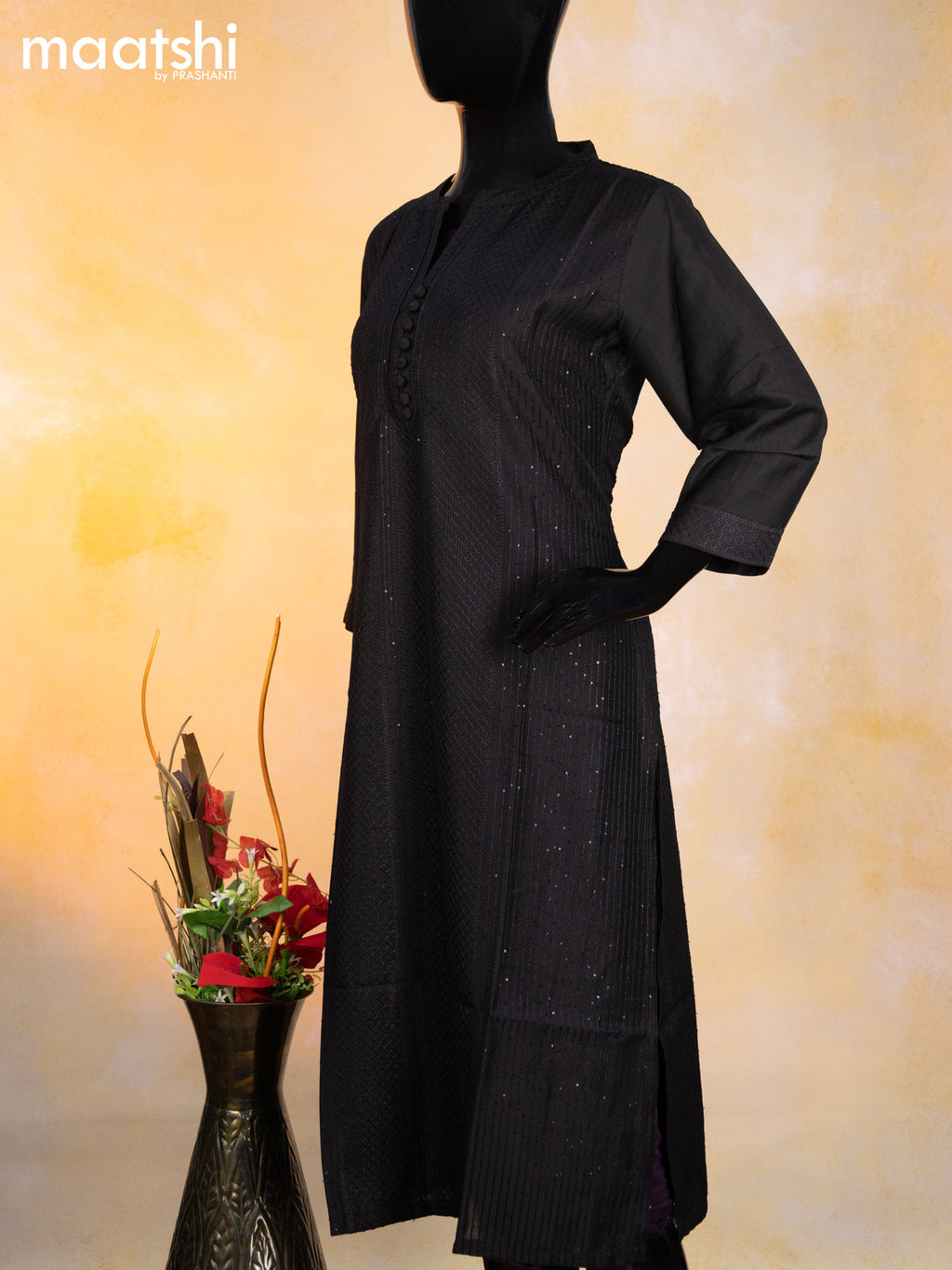 Modal readymade kurti black with allover embroidery work & simple neck pattern without pant