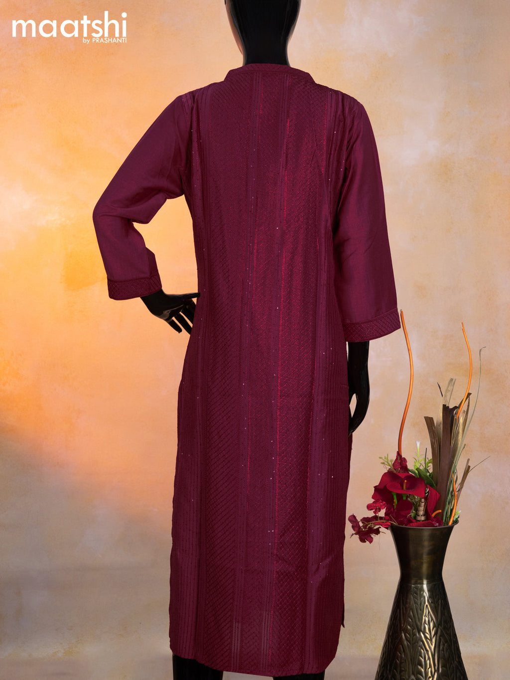 Modal readymade kurti maroon with allover embroidery work & simple neck pattern without pant