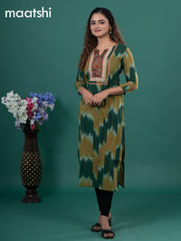Cotton readymade kurti green and mustard shade with allover ikat prints & ajrakh patch work neck pattern without pant