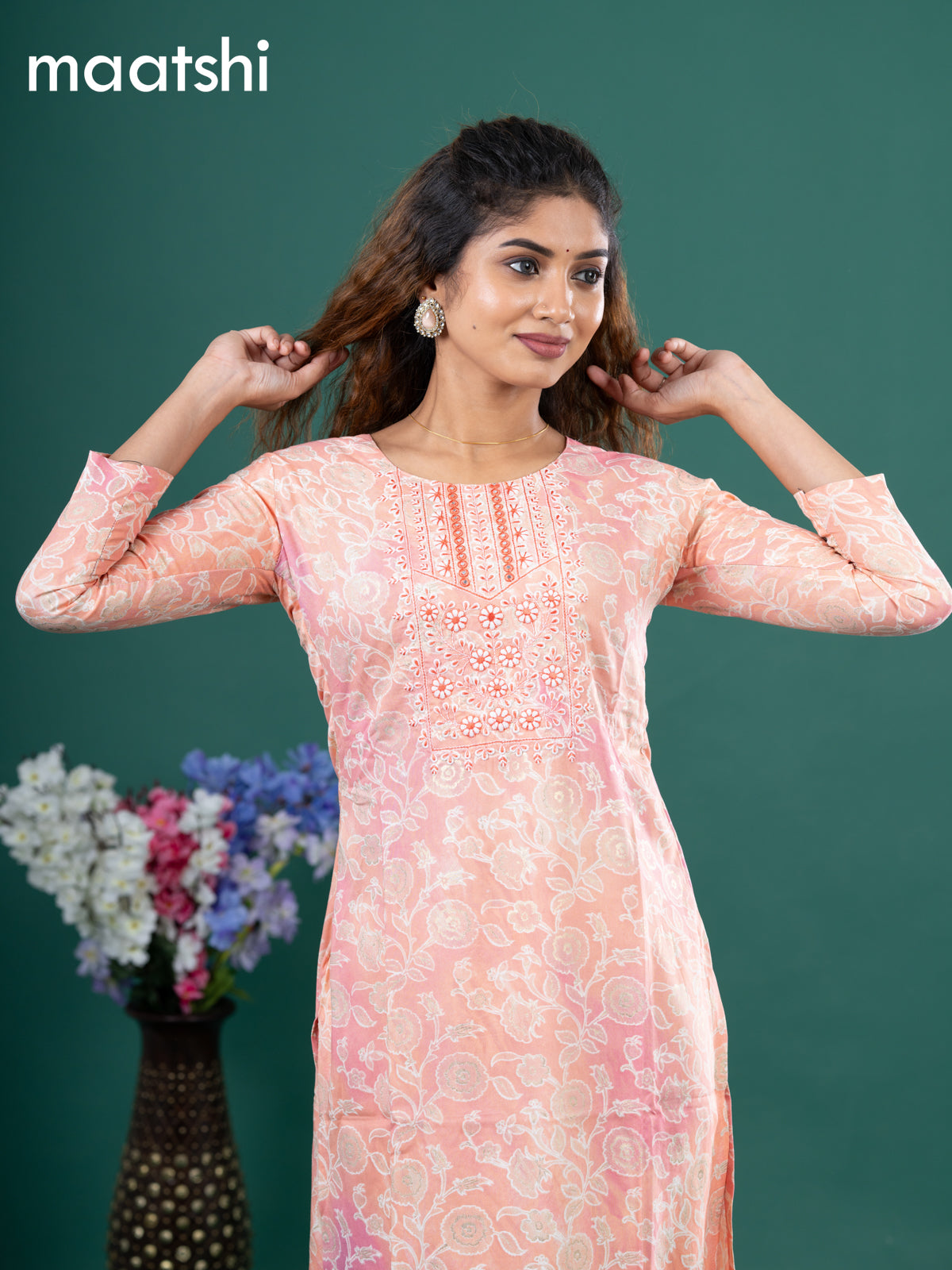 Cotton readymade kurti peach shade with allover floral prints & embroidery mirror work neck pattern without pant