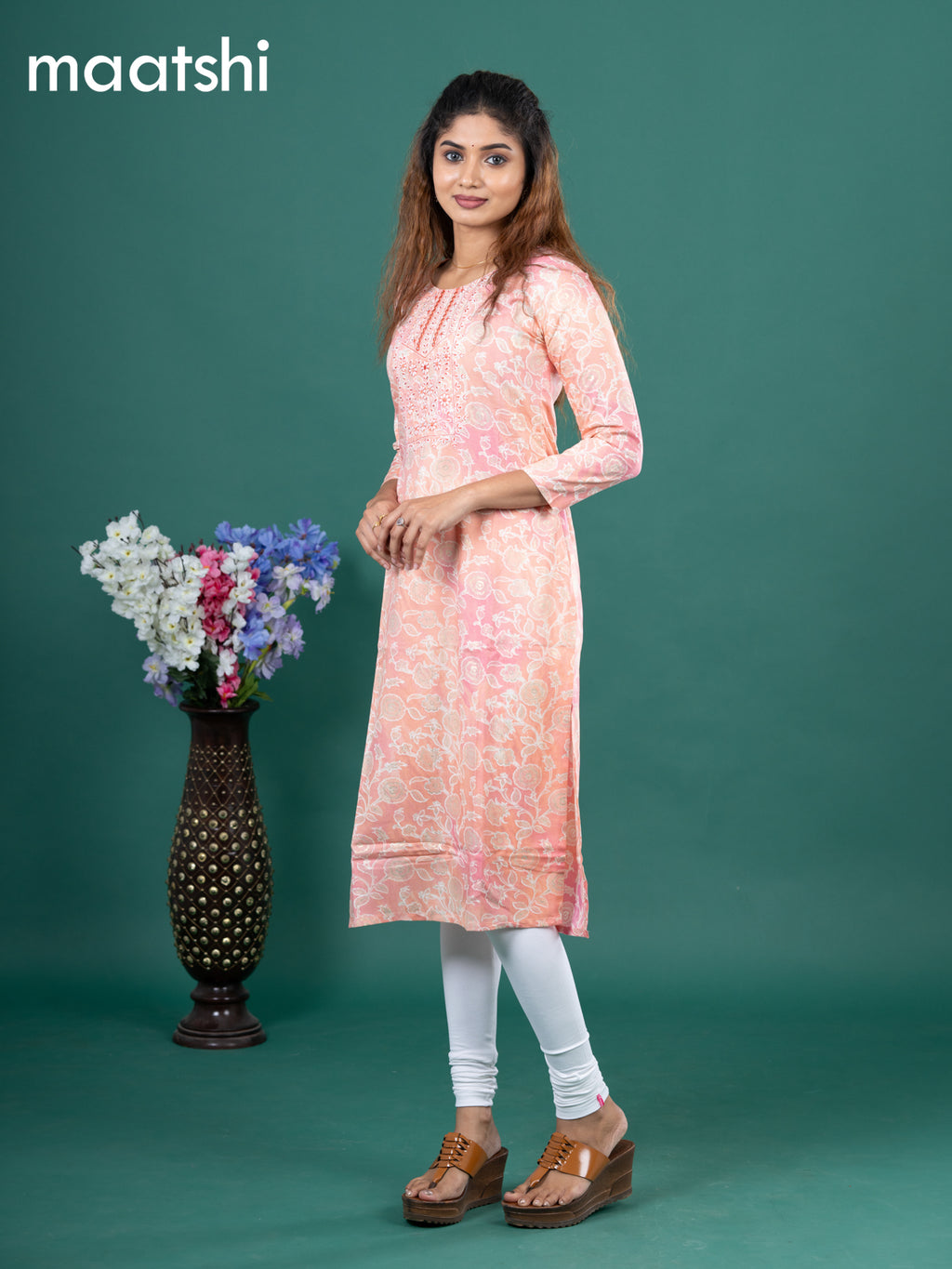 Cotton readymade kurti peach shade with allover floral prints & embroidery mirror work neck pattern without pant