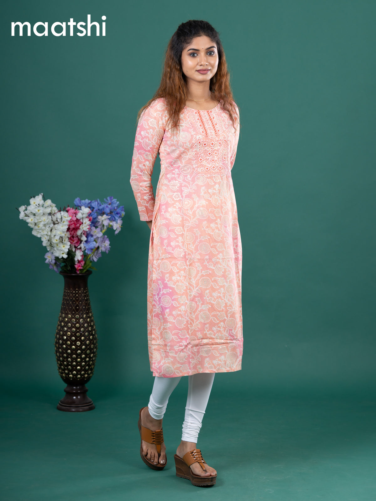 Cotton readymade kurti peach shade with allover floral prints & embroidery mirror work neck pattern without pant
