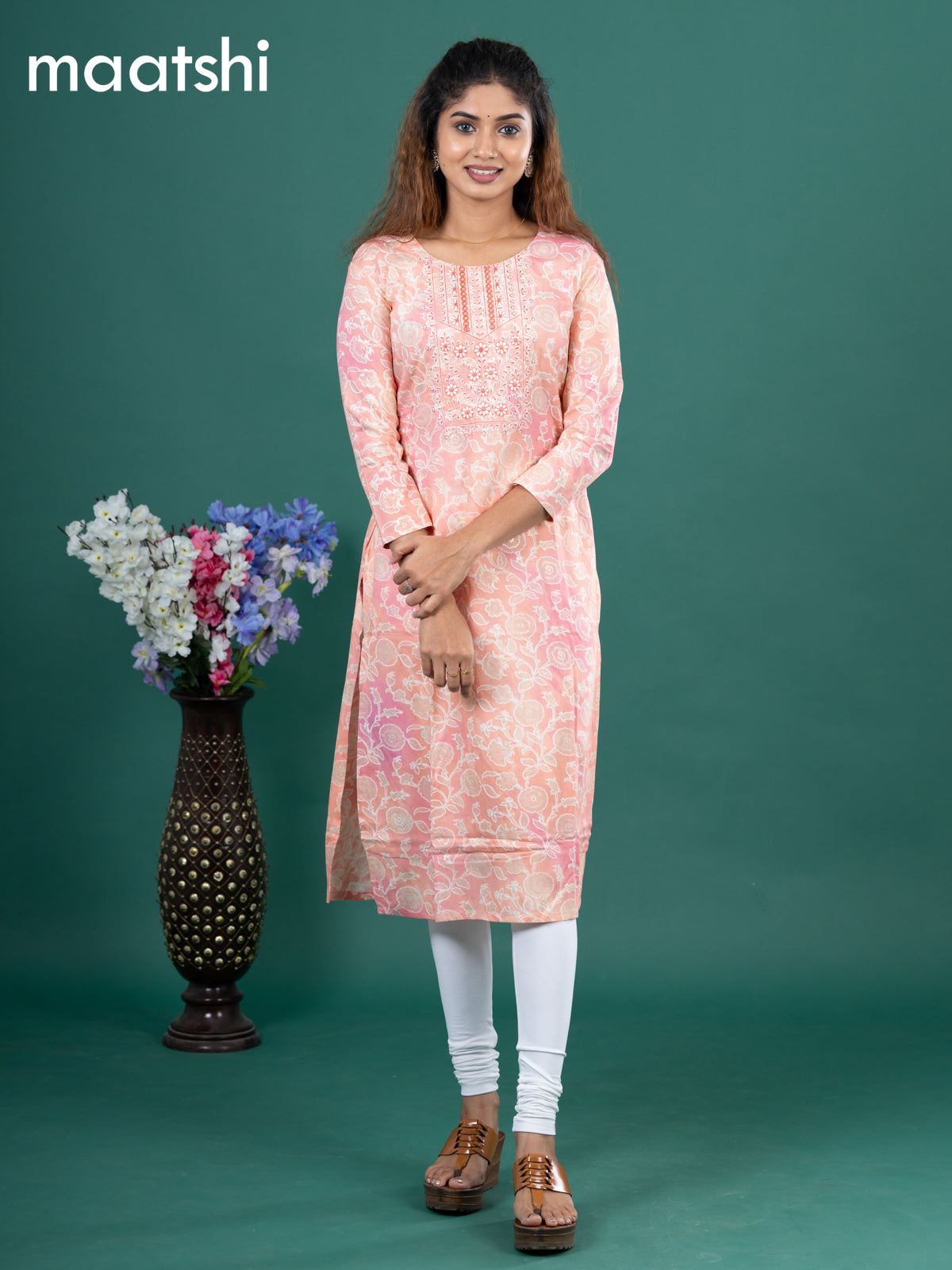 Cotton readymade kurti peach shade with allover floral prints & embroidery mirror work neck pattern without pant