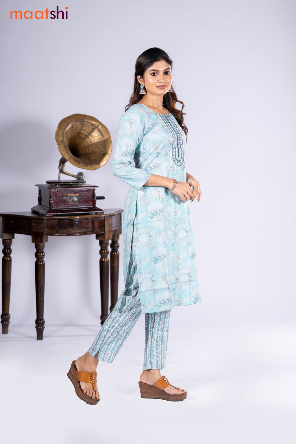 Rayon kurti teal blue and cream with allover prints and zari stripe & embroidery mirror work neck pattern and straight cut pant