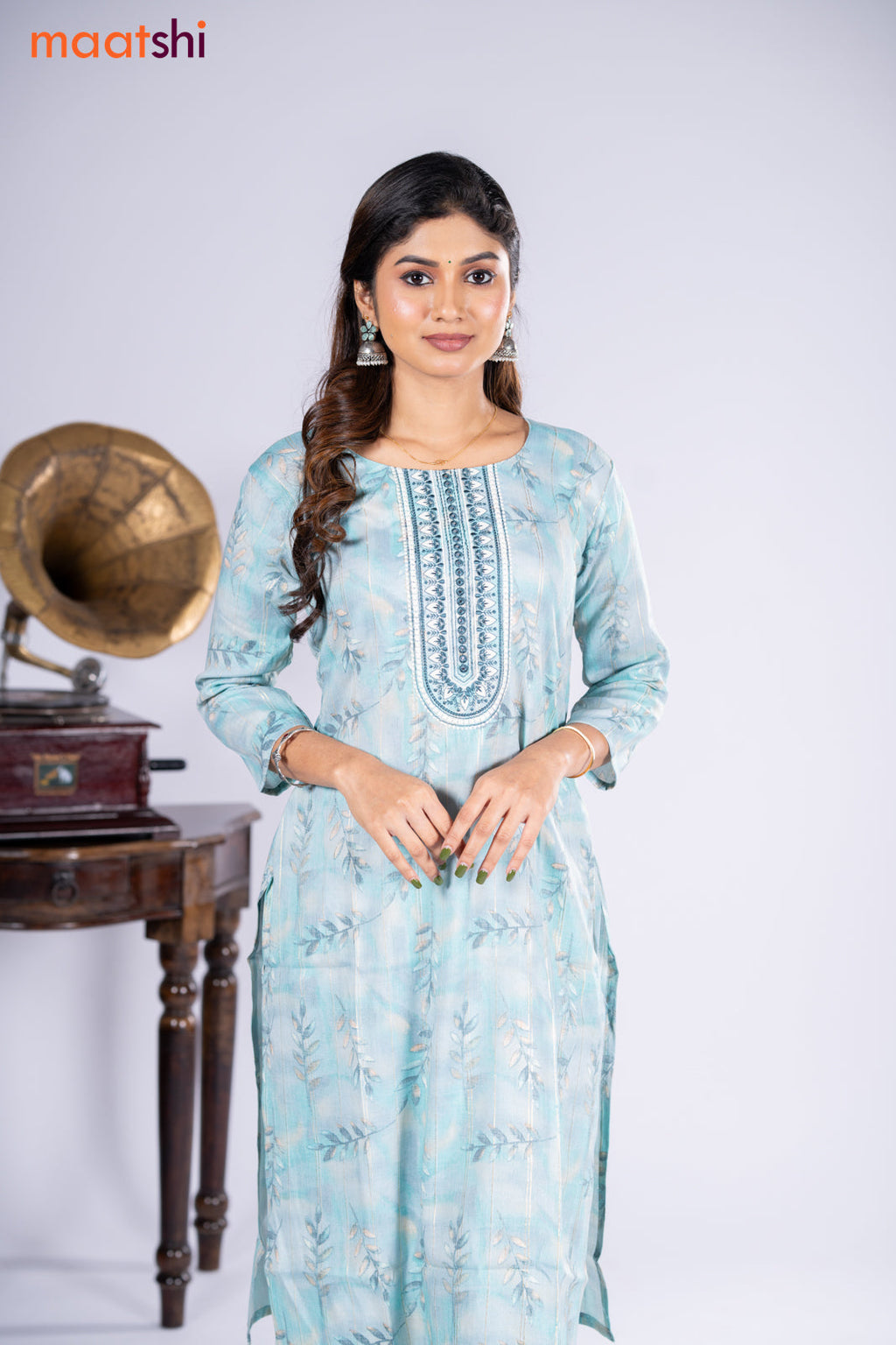 Rayon kurti teal blue and cream with allover prints and zari stripe & embroidery mirror work neck pattern and straight cut pant
