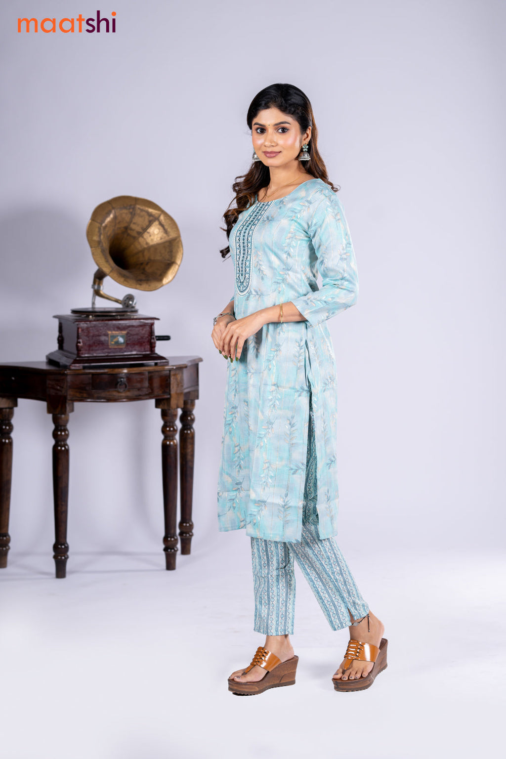 Rayon kurti teal blue and cream with allover prints and zari stripe & embroidery mirror work neck pattern and straight cut pant