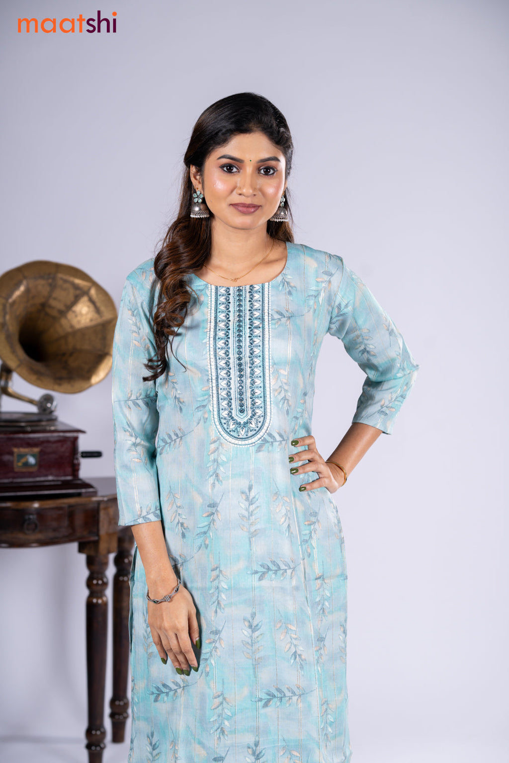 Rayon kurti teal blue and cream with allover prints and zari stripe & embroidery mirror work neck pattern and straight cut pant