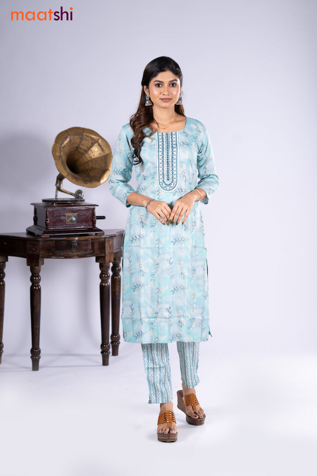 Rayon kurti teal blue and cream with allover prints and zari stripe & embroidery mirror work neck pattern and straight cut pant