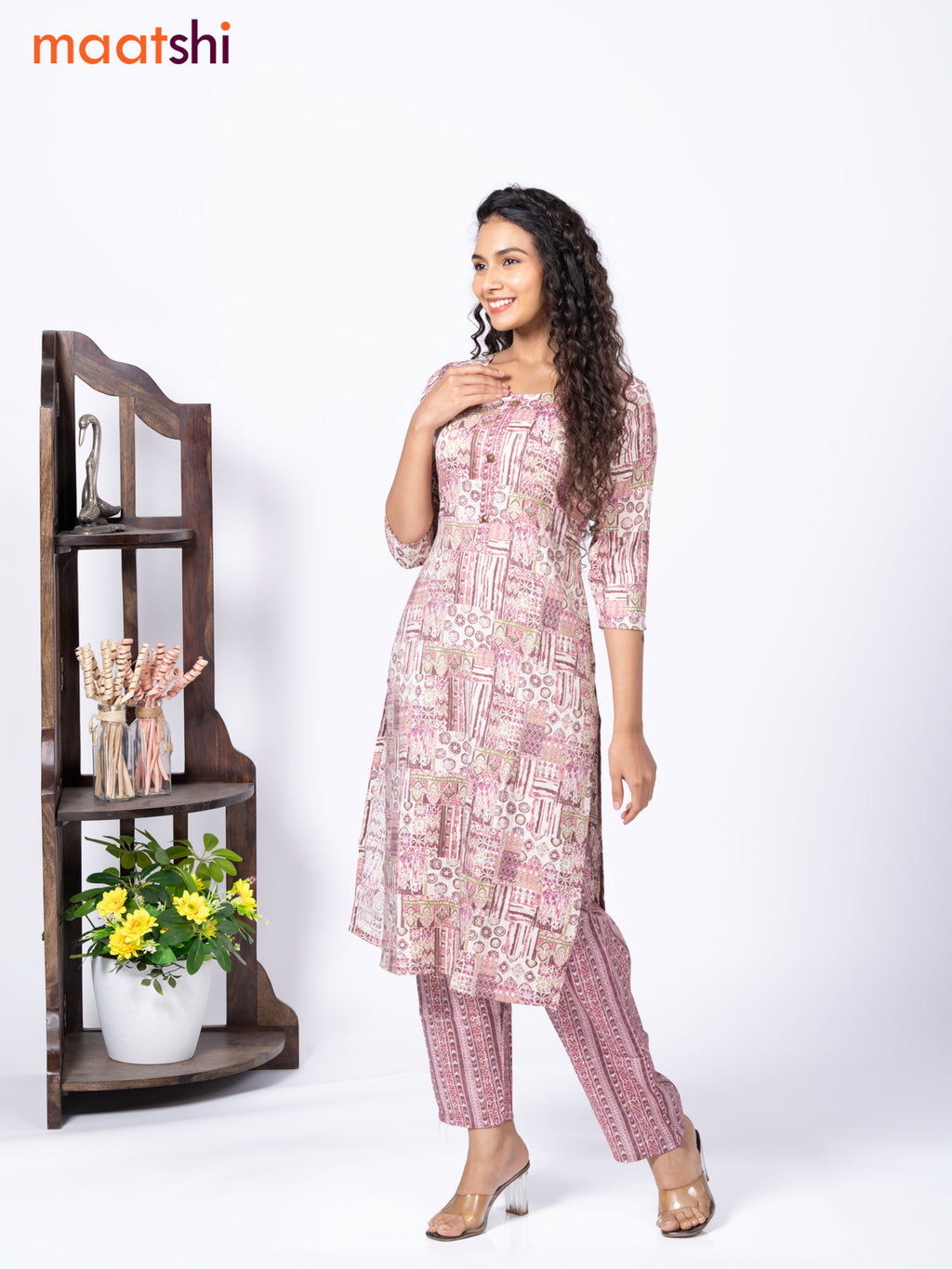 Rayon readymade kurti set off white and multi colour with allover prints & simple neck pattern and straight cut pant