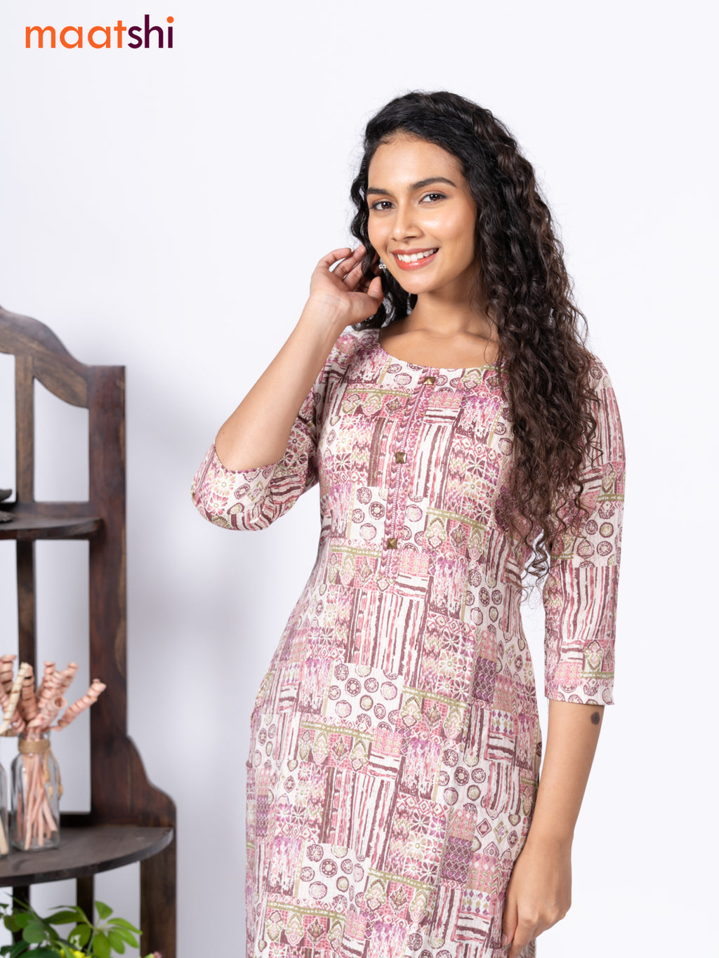 Rayon readymade kurti set off white and multi colour with allover prints & simple neck pattern and straight cut pant